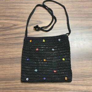 Crocheted Women's Purse - 7 inch by 7 inch - Black with Beaded Flowers - EUC
